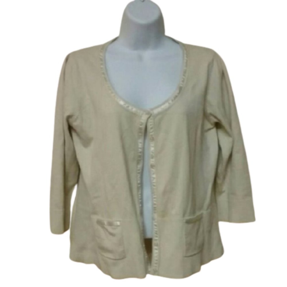 {CAbi} Silk Trimmed Cream Button Down Cardigan